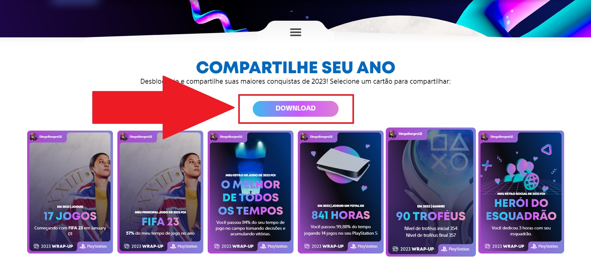 Selecione o card e aperte em "Download" para baixa-lo em formato de imagem