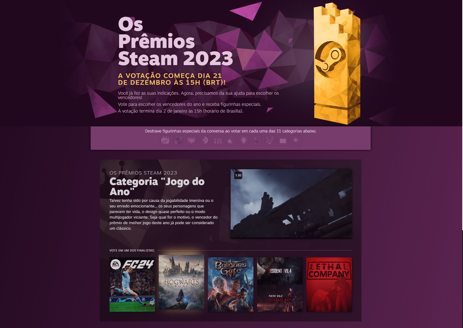 Baldur's Gate 3, Resident Evil 4 e Hogwarts Legacy entre os indicados para Jogo  do Ano no Steam Awards 2023