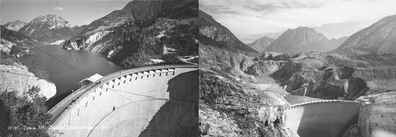 Antes e depois do colapso da Barragem de Vajont. (Fonte: Wikimedia Commons / Reprodução)