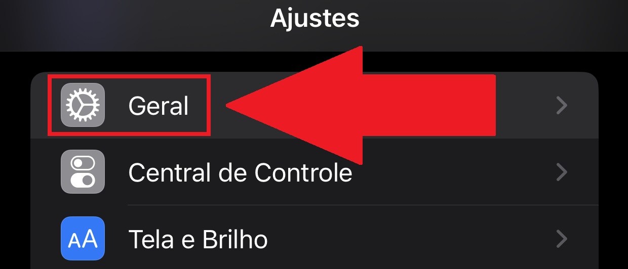 A opção "Geral" é a primeira da lista
