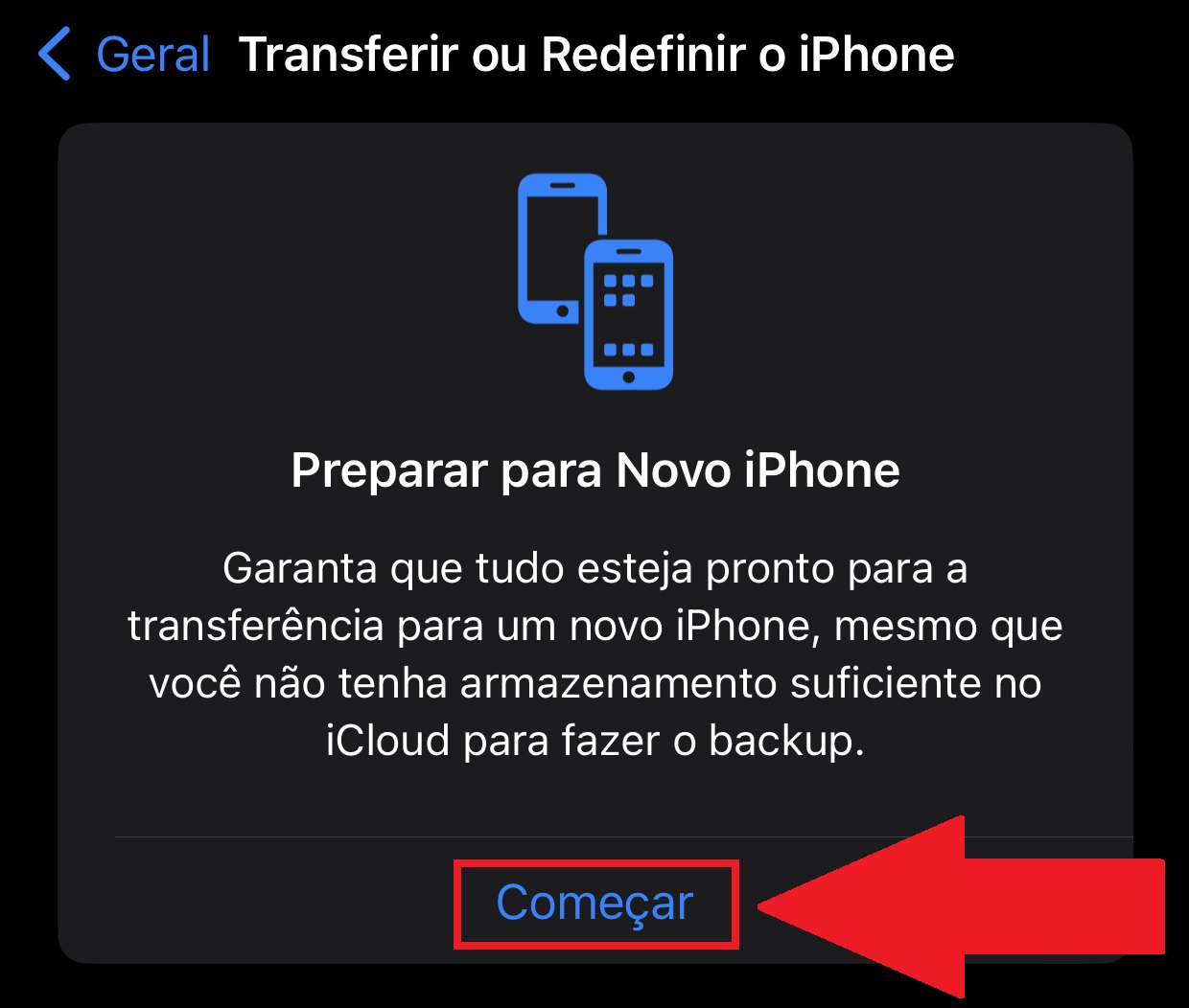 Aperte em "Começar" para que o processo de backup seja verificado com sucesso