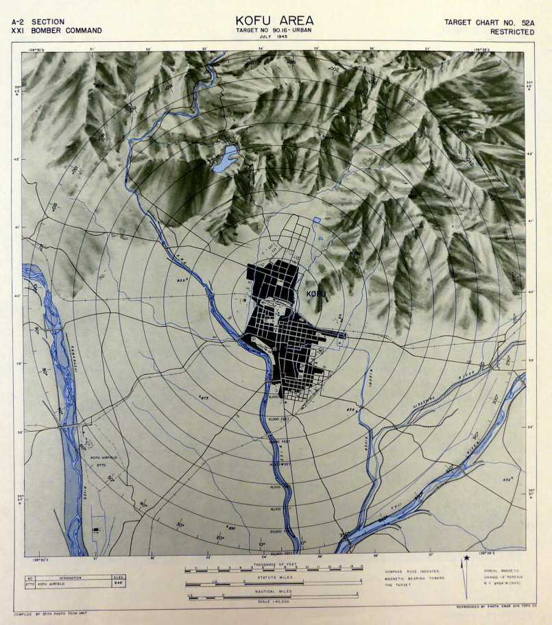 Mapa mostra a área de Kofu a ser bombardeada. (Fonte: David Fedman/Cary Karacas/Journal of Historical Geography/Reprodução)