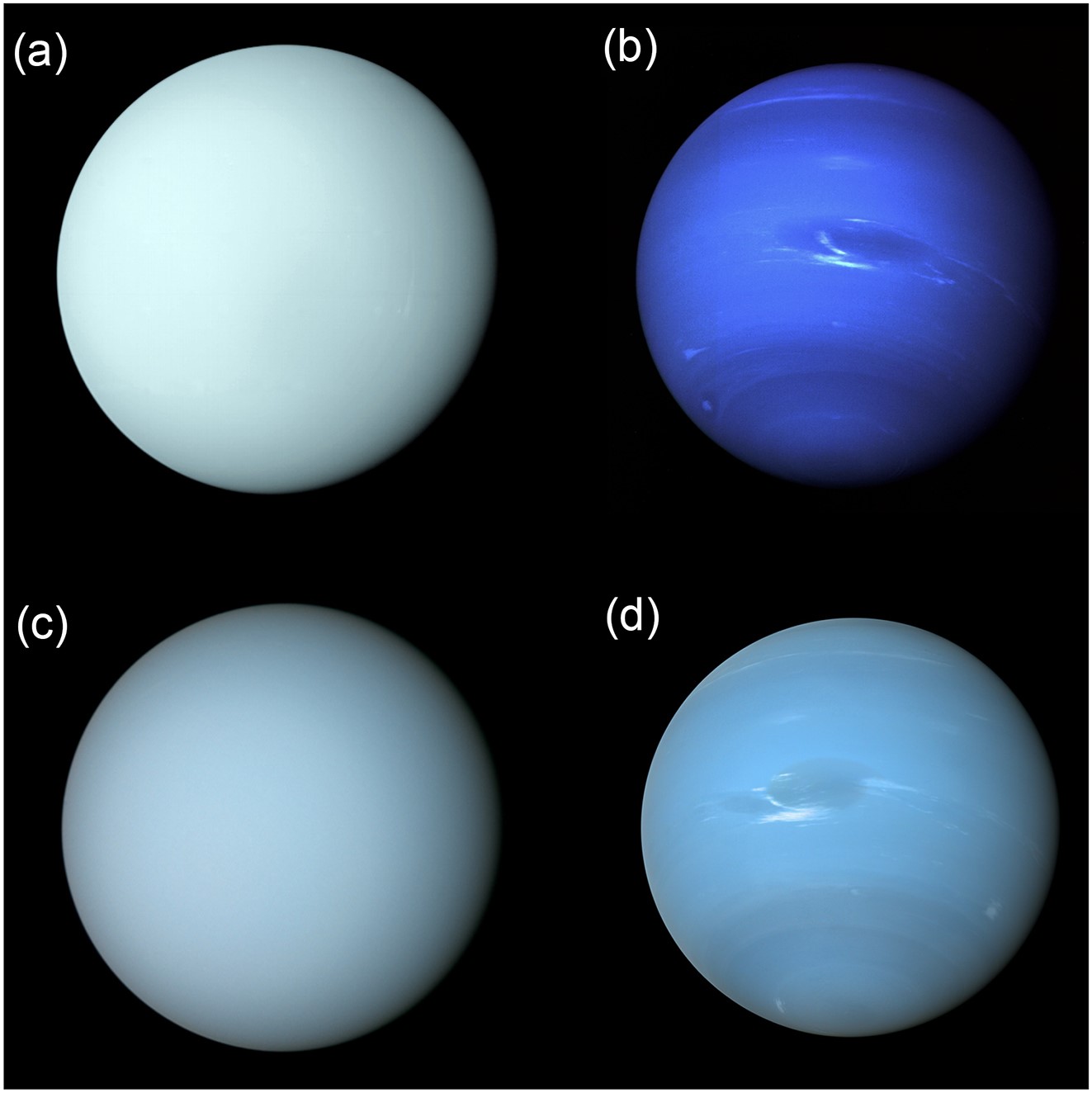 À esquerda, as duas representações de Urano (a, c); à direta, a visão de Netuno (b, d) antes e após a revisão proposta pela pesquisa. (Fonte: Monthly Notices of the Royal Astronomical Society/Reprodução)
