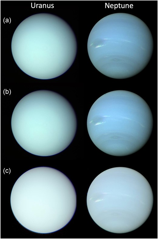 Imagem mostra os planetas Urano e Netuno em diferentes etapas do processamento de imagem. (Fonte: Monthly Notices of the Royal Astronomical Society/Reprodução)