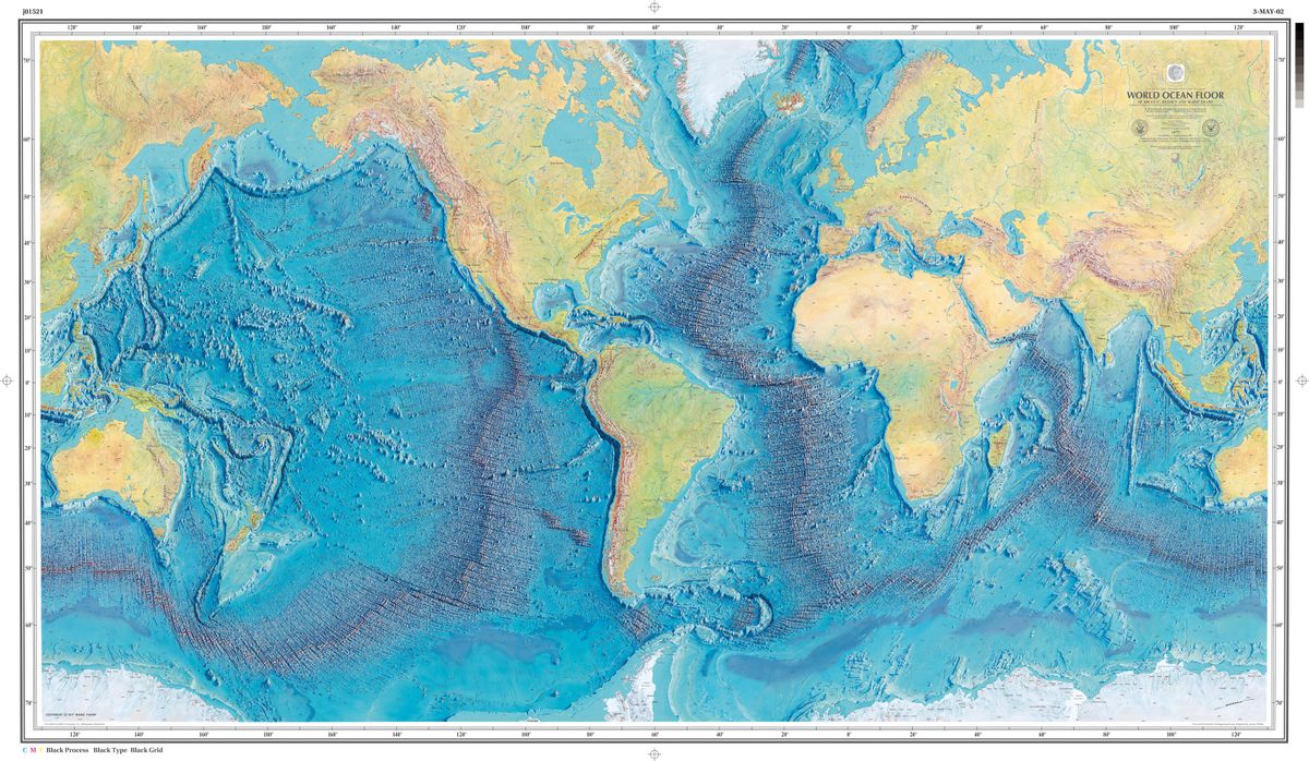 Mapa do Panorama Mundial do Fundo do Oceano por Bruce C. Heezen e Marie Tharp, 1977. (Fonte: Atlas Obscura/Reprodução)