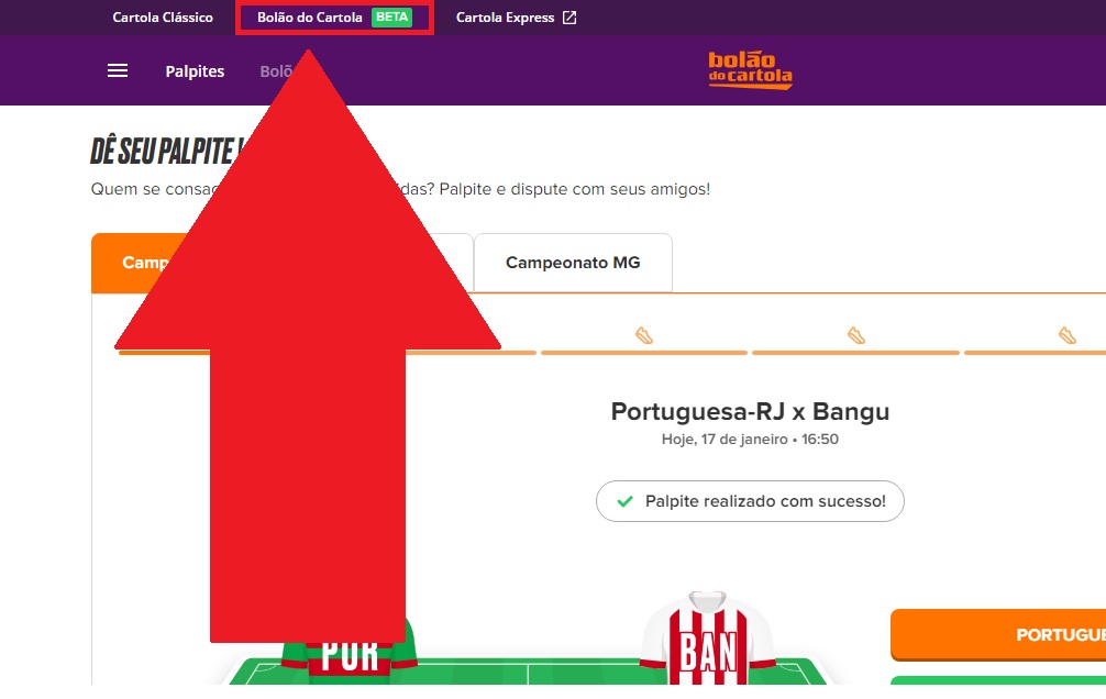 Procure pela aba "Bolão do Cartola BETA" na parte superior da tela