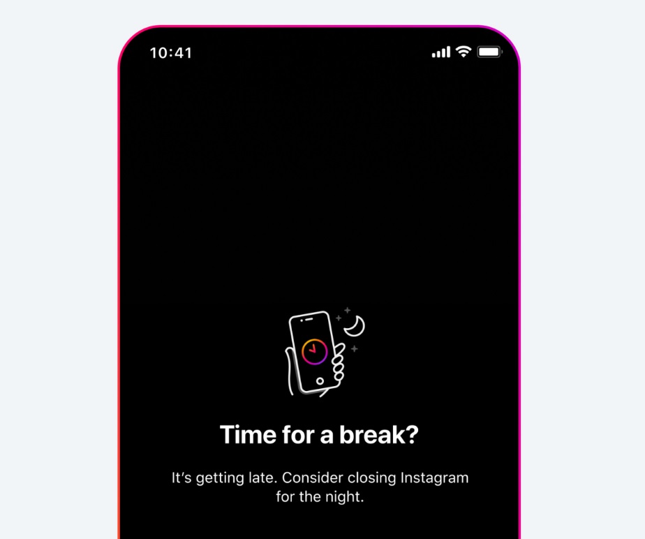 A tela que adolescentes receberão ao usar o Instagram de noite.