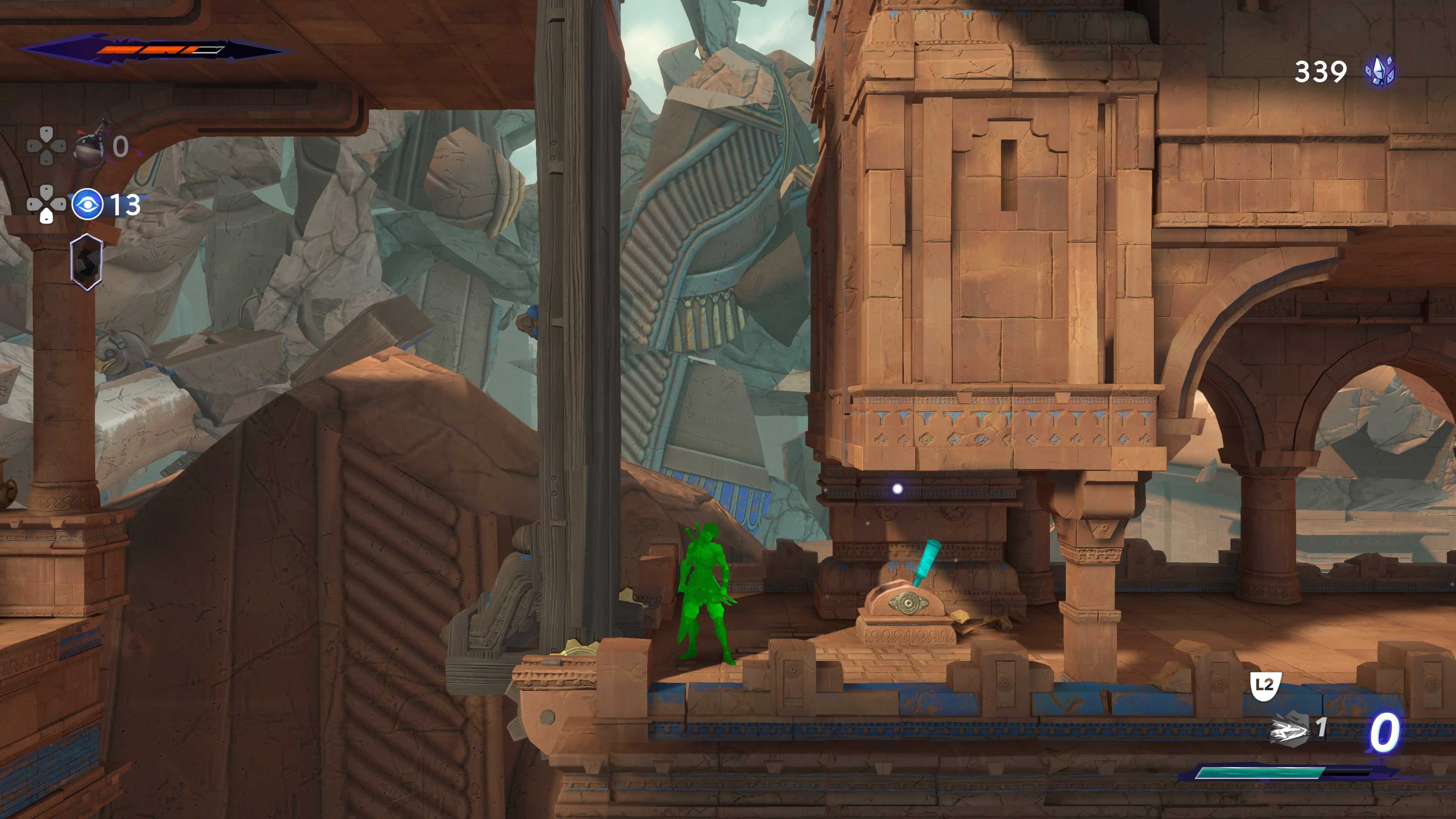 Descrição da Imagem: Cena de gameplay de jogo 2D que mostra interação com itens no caso uma alavanca