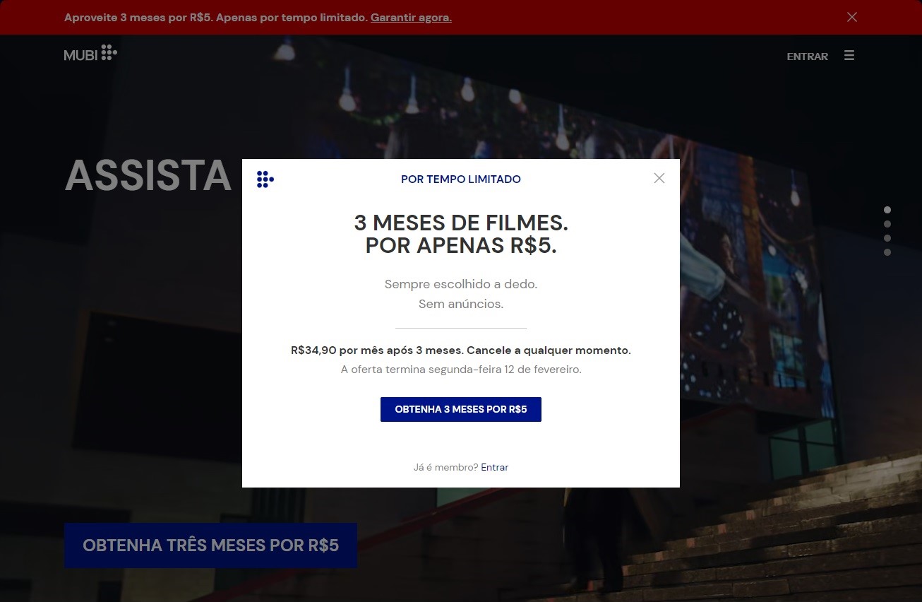 Os avisos da promoção no site oficial da MUBI.