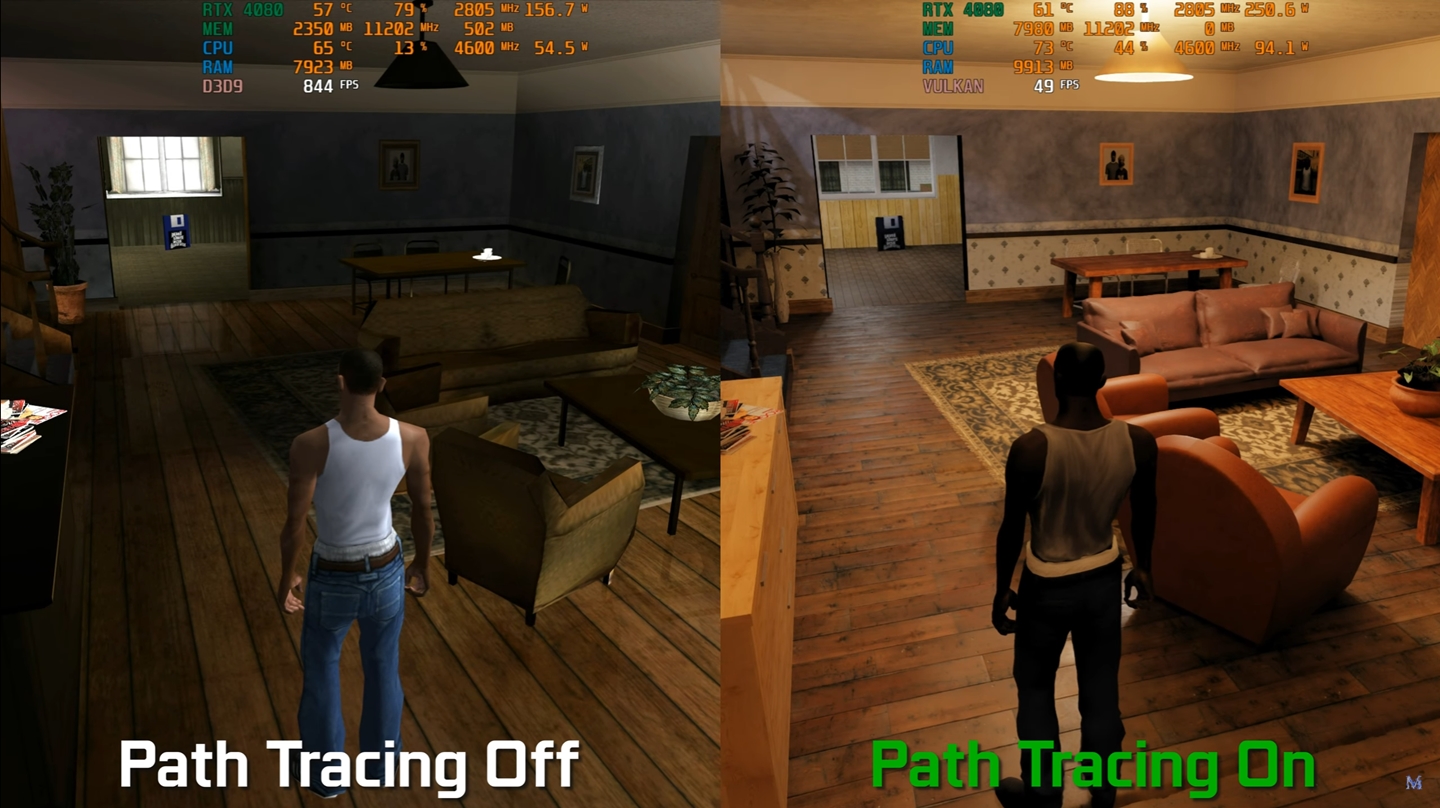 Comparison of GTA San Andreas running without and with NVIDIA's ray tracing system.