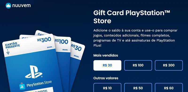 Na Nuuvem você pode comprar gift cards da PlayStation Store com cashback e opções de parcelamento.