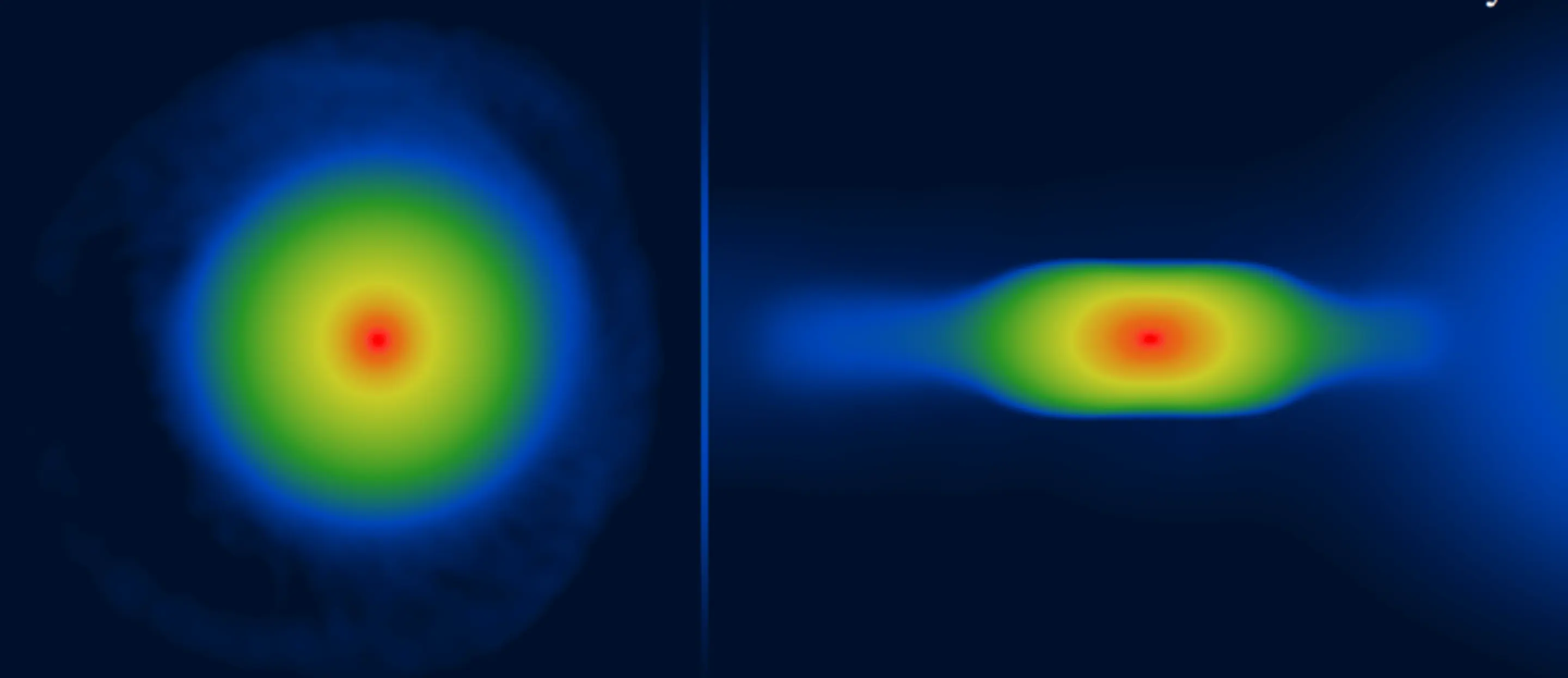 Imagens simuladas de um protoplaneta "plano" mostrado de cima (esquerda) e de lado (direita). (Fonte: UCLan)