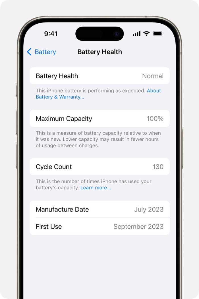 O iPhone 15 exibe informações mais completas sobre a saúde da bateria.