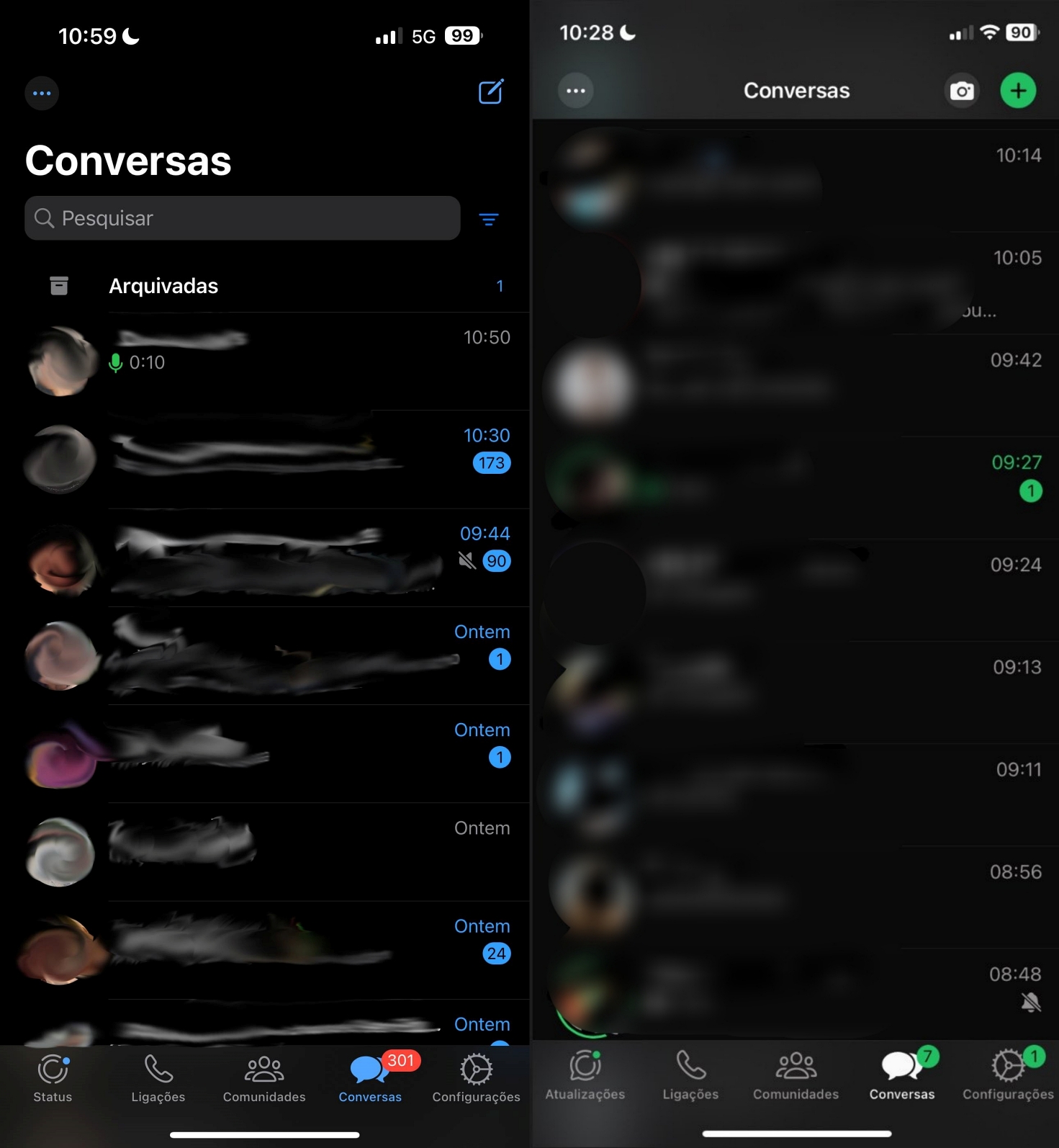 A interface com cor azul do WhatsApp (à esquerda) é substituída gradativamente para o padrão na paleta verde (à direita).