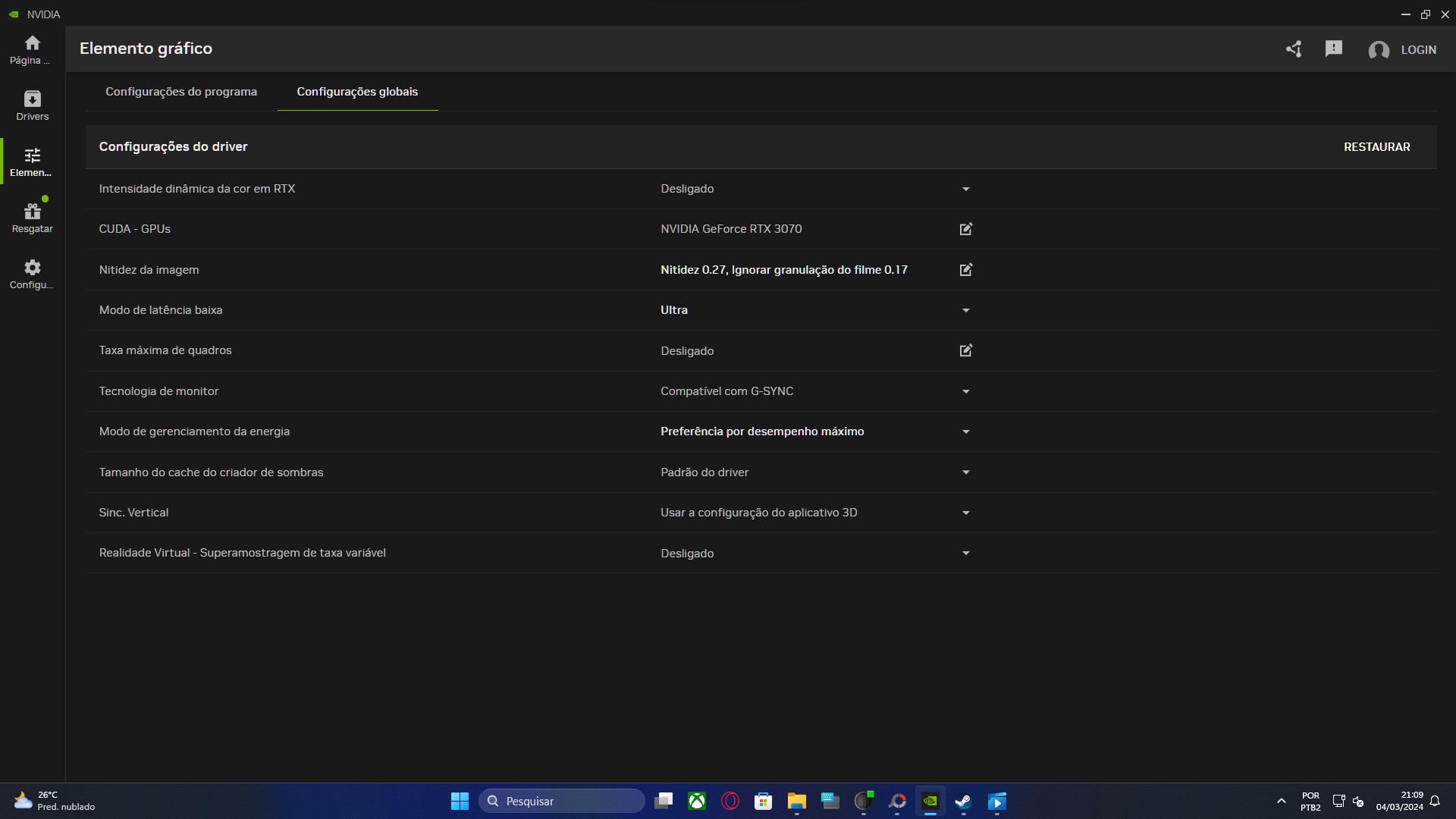 Configurações gerais de driver do Painel de Controle no NVIDIA App