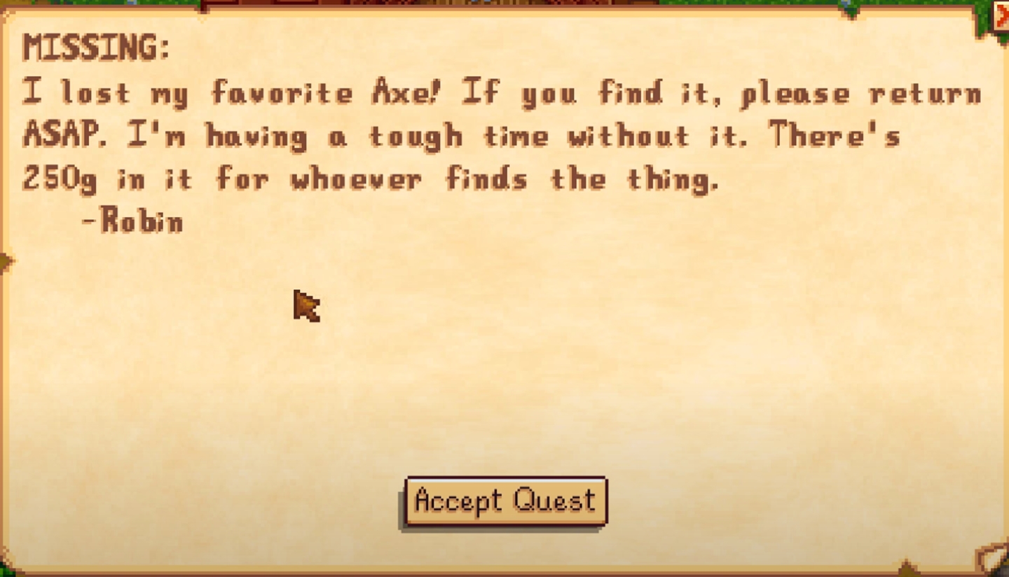 Carta da Robin com o pedido para encontrar seu machado em Stardew Valley.