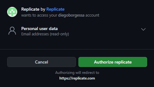 Clicando em "Authorize replicate" você faz a conexão entre as duas plataformas