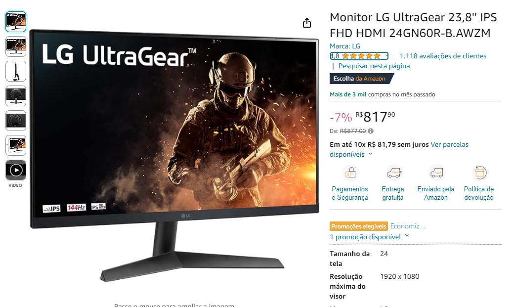 Monitor FullHD, 144Hz com AMD FreSync Premium