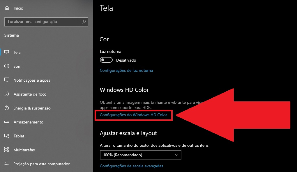 É preciso descer a tela para encontrar a opção "Configurações do Windows HD Color"