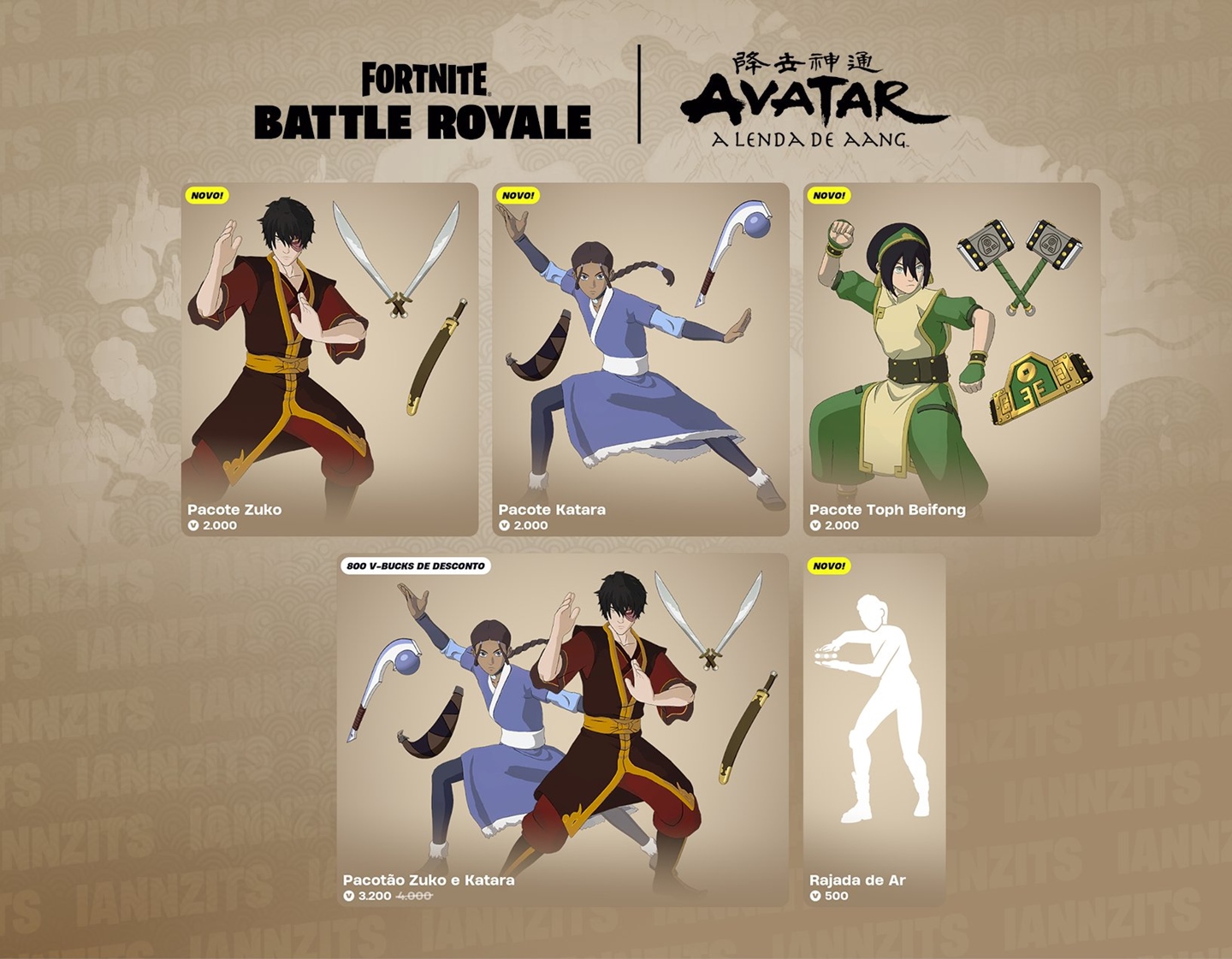 Skins temáticas de Avatar: A Lenda de Aang já estão disponíveis na loja de Fortnite.
