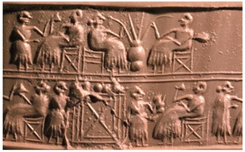 O consumo de cerveja entre os sumérios retratado em uma gravura de escrita cuneiforme.