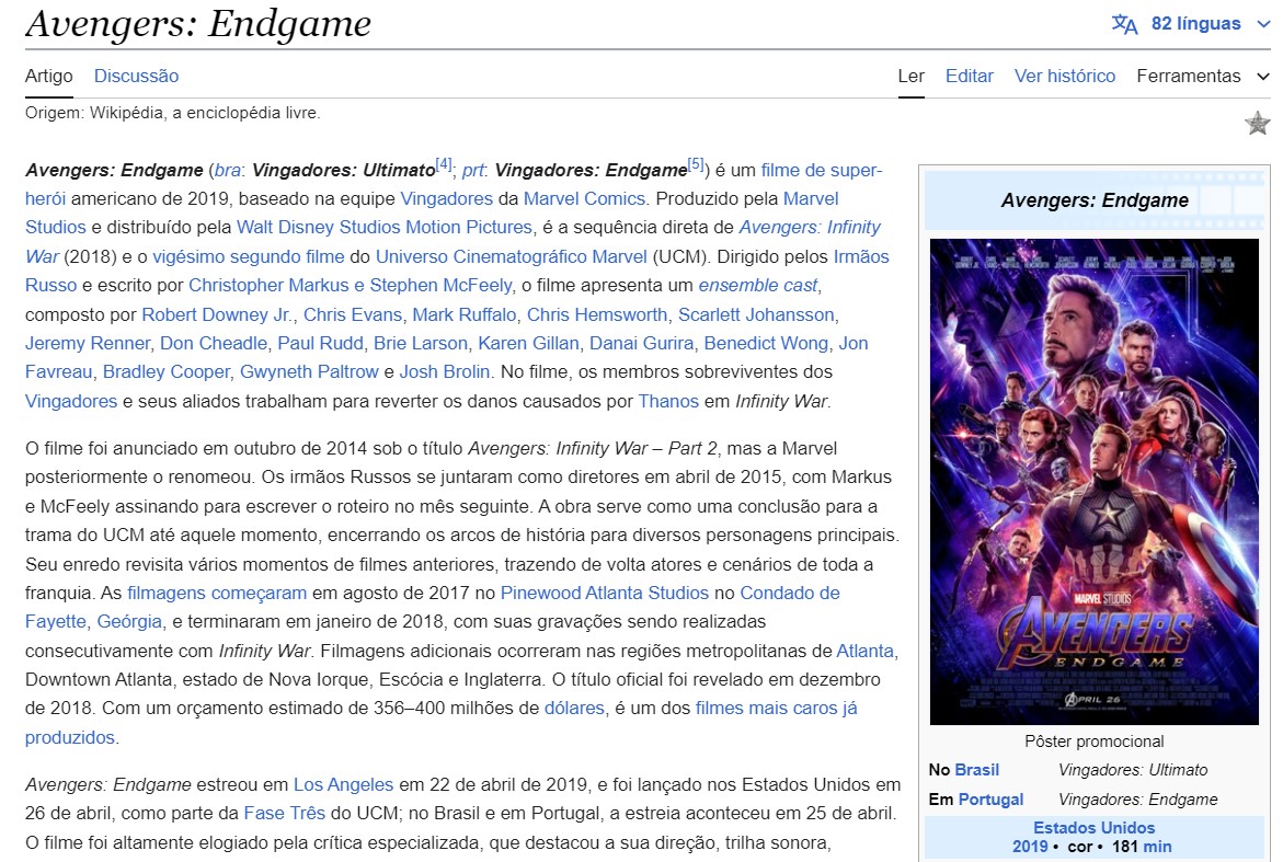 Página de Vingadores: Ultimato na Wikipedia. (Fonte: Reprodução)