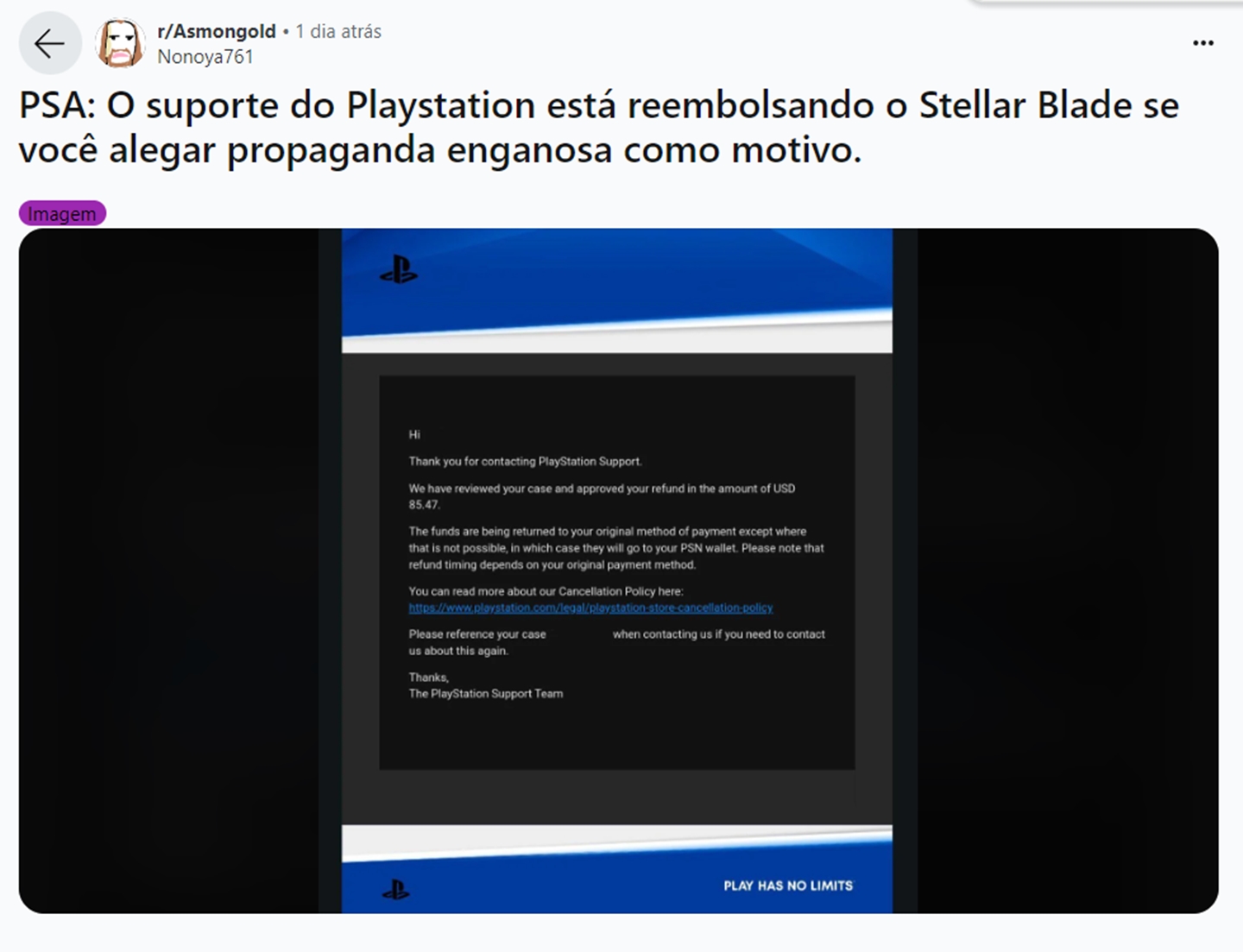Mensagem com o reembolso de Stellar Blade na PS Store.