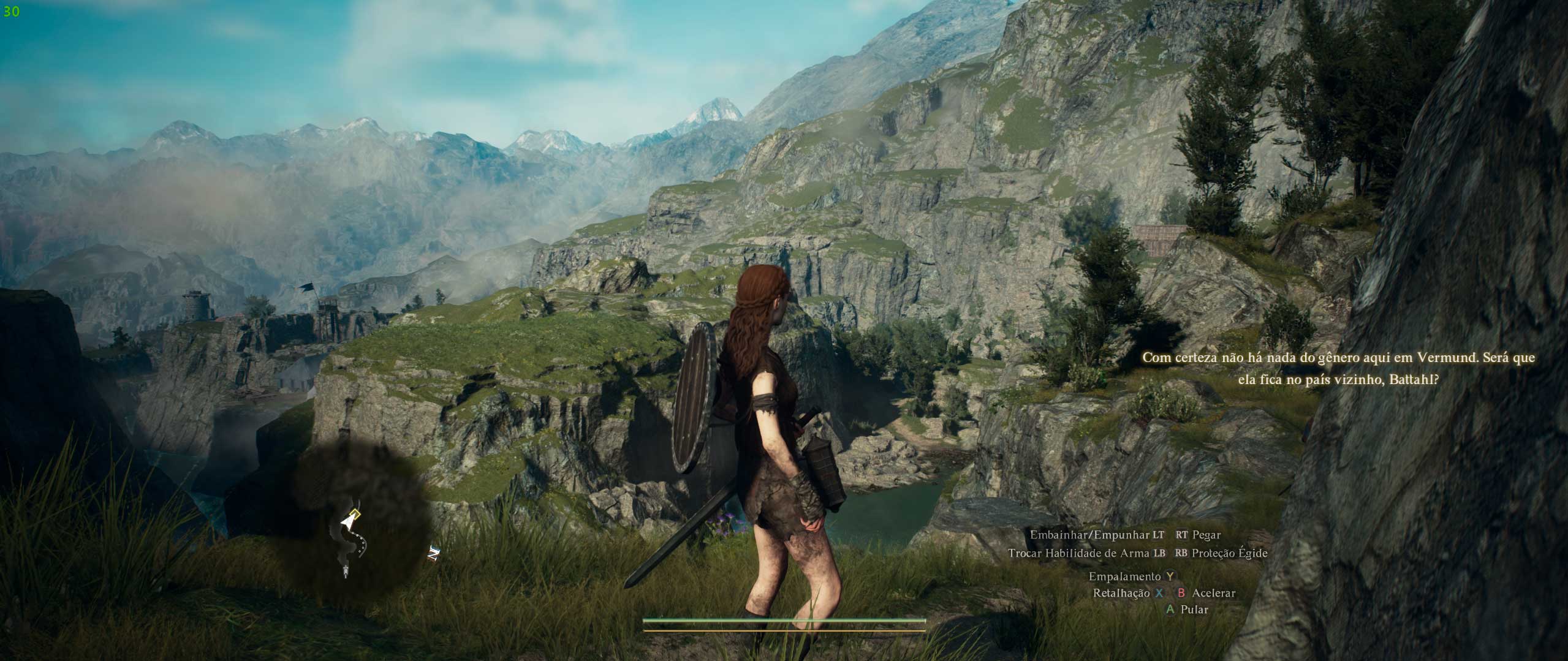 A imagem apresenta uma cena do game em terceira pessoa com uma bela paisagem.