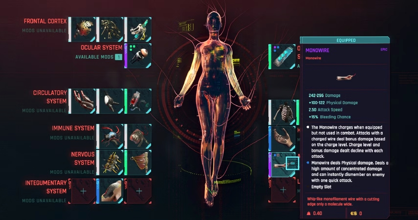 Também há uma lista com diferentes Cyberwares para usar em Cyberpunk 2077.