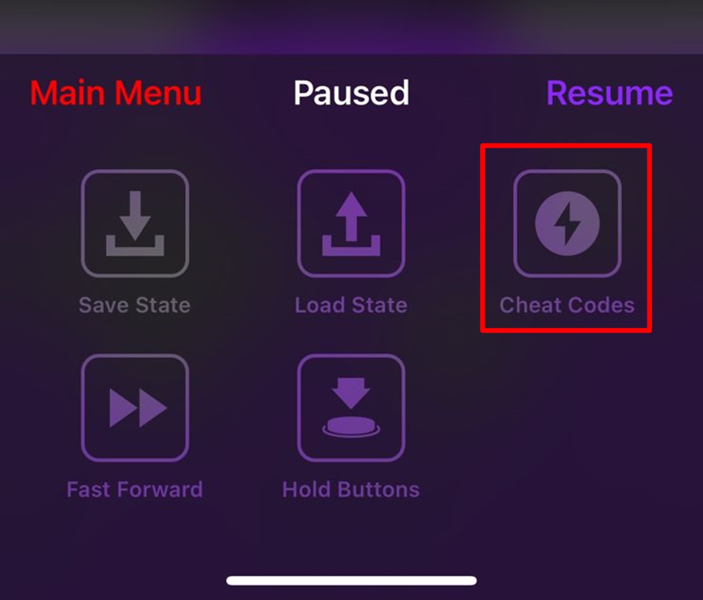 Opção de inserir Cheat Codes no Delta, Emulador disponível no Android e iOS.