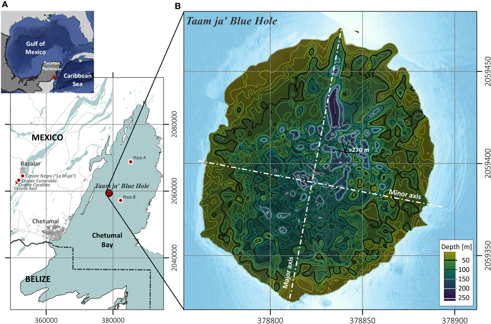 O buraco azul de Taam Ja' pode ligar-se, subterraneamente, com o Mar do Caribe. (Fonte: Juan C. Alcérreca-Huerta et al/ Divulgação). 