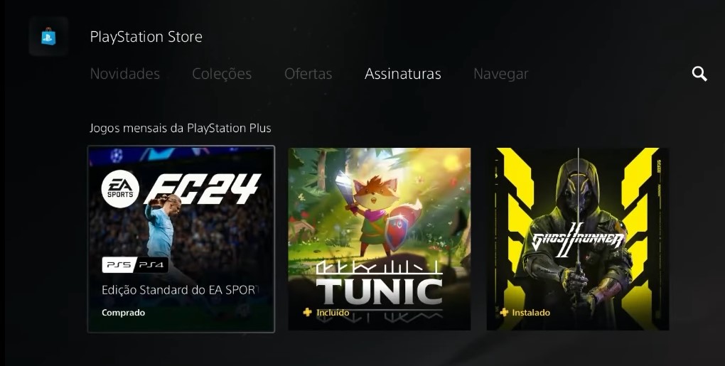 Na parte inferior da tela são apresentados os jogos disponíveis para assinantes da PS Plus