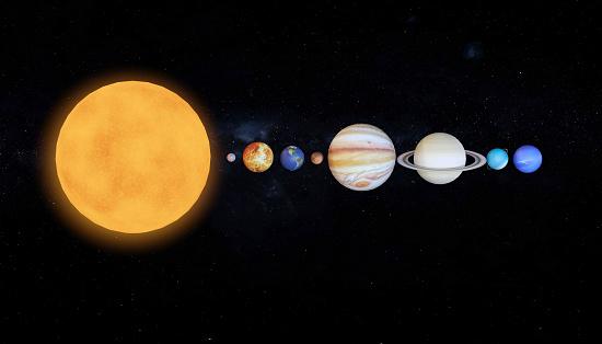 Não, os planetas não vão se alinhar como propões essa imagem. (Fonte: GettyImages/ Reprodução)
