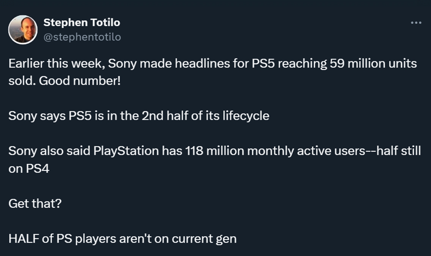 Jornalista Stephen Totilo publicou uma relação que sugere que metade dos jogadores do ecossistema PlayStation ainda estão jogando no PS4.