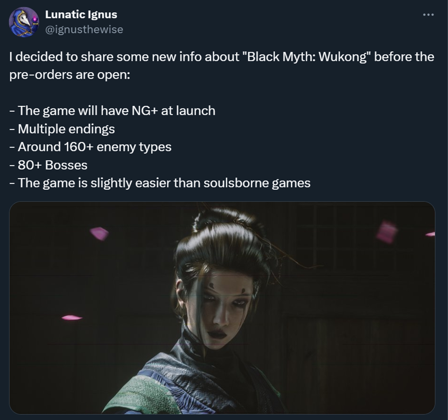 Publicação de Lunatic Ignus no X afirmando que Black Myth: Wukong terá mais de 160 tipos de inimigos e mais de 80 chefões diferentes.