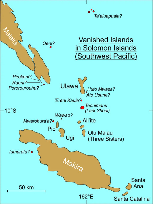 Mapa de parte das Ilhas Salomão mostrando (em vermelho) prováveis ??ilhas submersas, incluindo Teonimanu. (Fonte: Patrick Nunn / Reprodução)