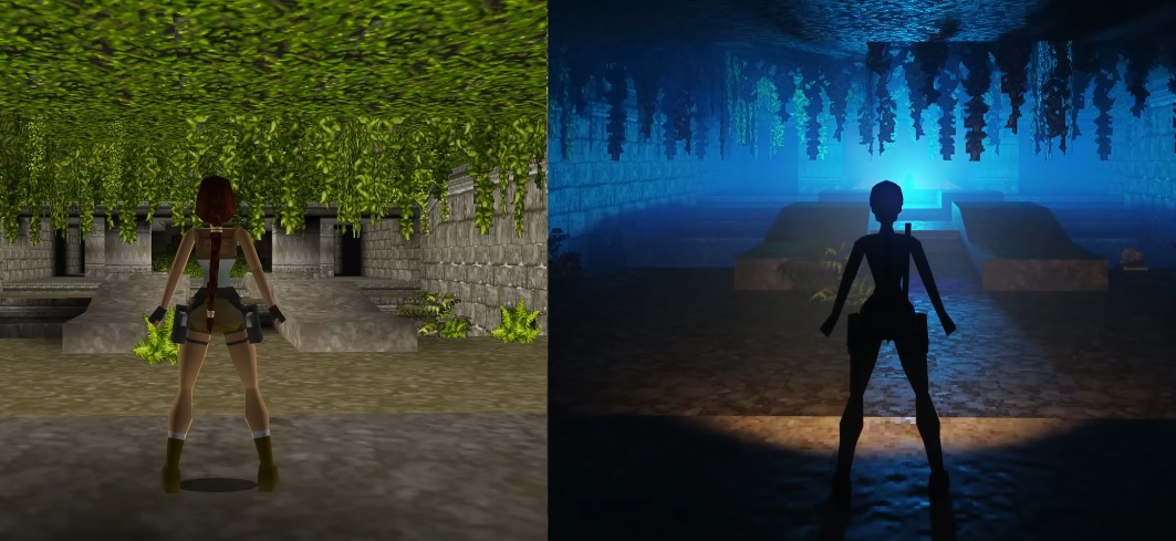 Comparação entre os gráficos originais de Tomb Raider, com os que usam o mod RTX