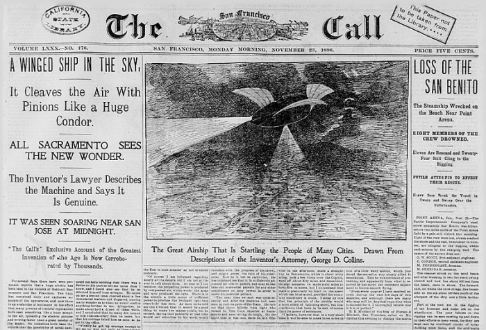 Jornal noticia avistamentos em São Francisco, em 1896. (Fonte: Wikimedia Commons)