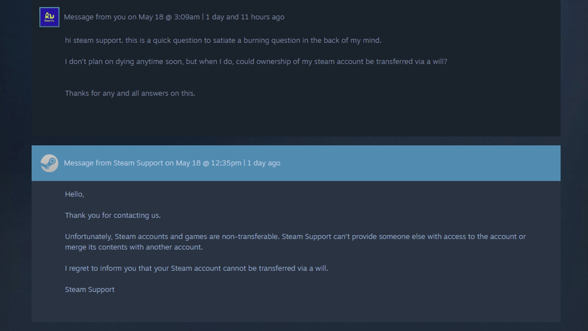 Mensagem do suporte da Steam confirmando ao usuário "delete12345" que não é possível transferir os jogos da sua conta para outra, mesmo depois de morto.