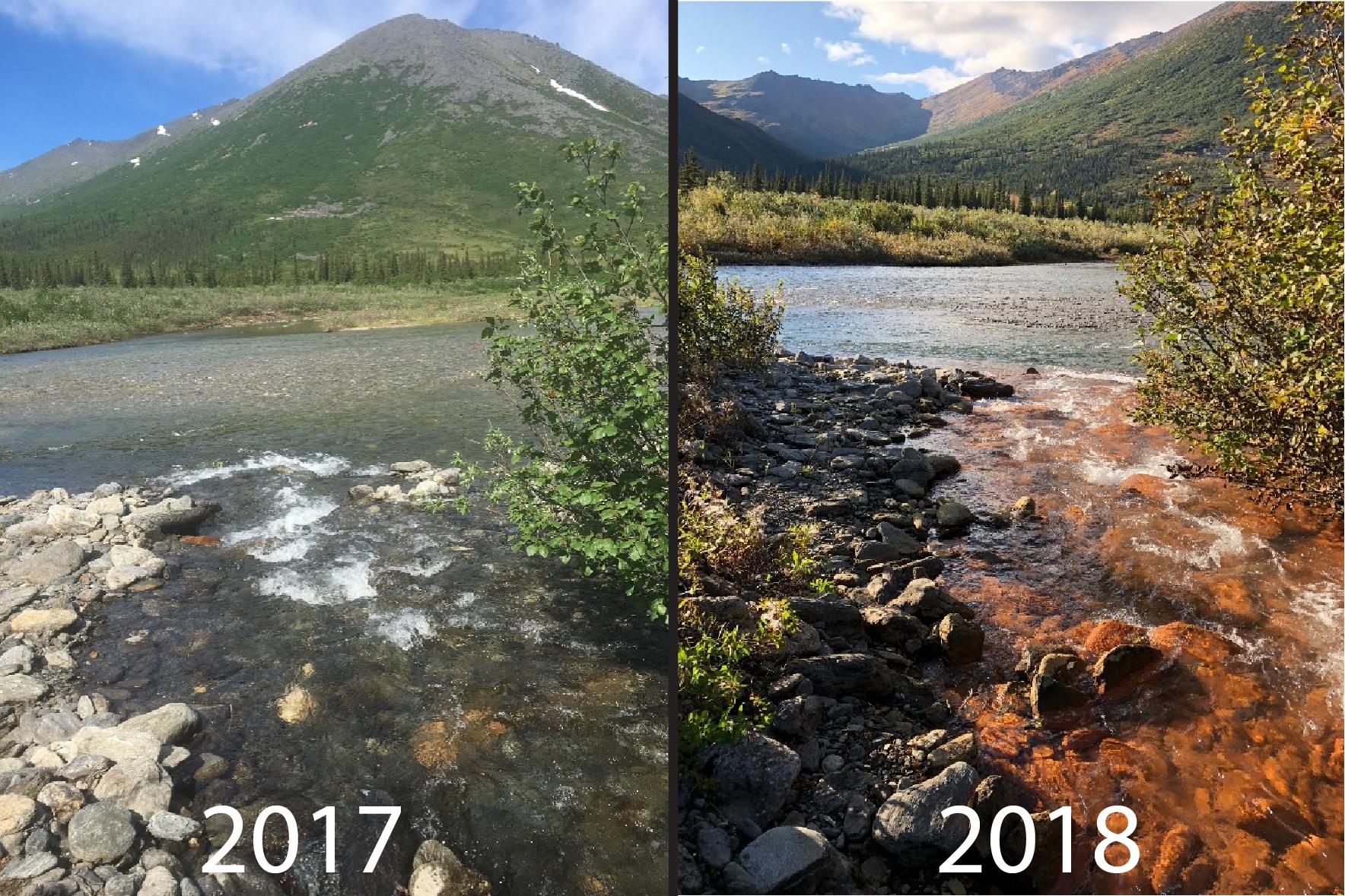 Imagens comparam colora&ccedil;&atilde;o das &aacute;guas do rio Akillik, no Kobuk Valley National Park. No ver&atilde;o de 2017, o rio ainda era cristalino; no mesmo per&iacute;odo do ano seguinte, as &aacute;guas j&aacute; estavam ficando alaranjadas (Fonte: National Park Service/Reprodu&ccedil;&atilde;o)
