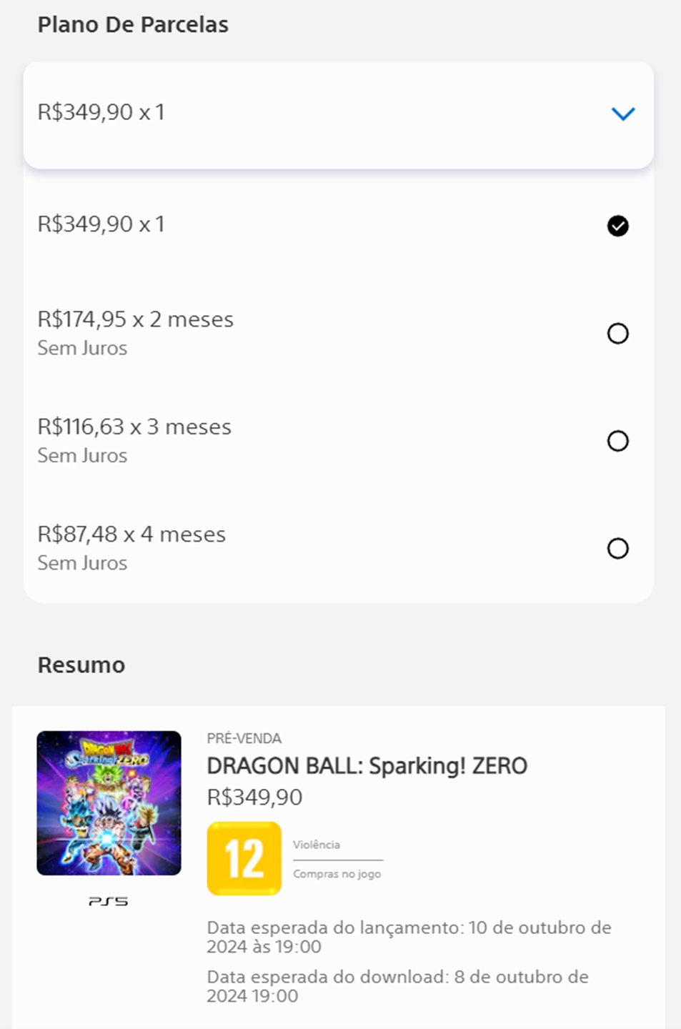 It is possible to pay for your PS Store purchases in up to four interest-free installments on your credit card.  The basic version of Dragon Ball Sparking Zero, for example, can be paid in up to four R$87.48.