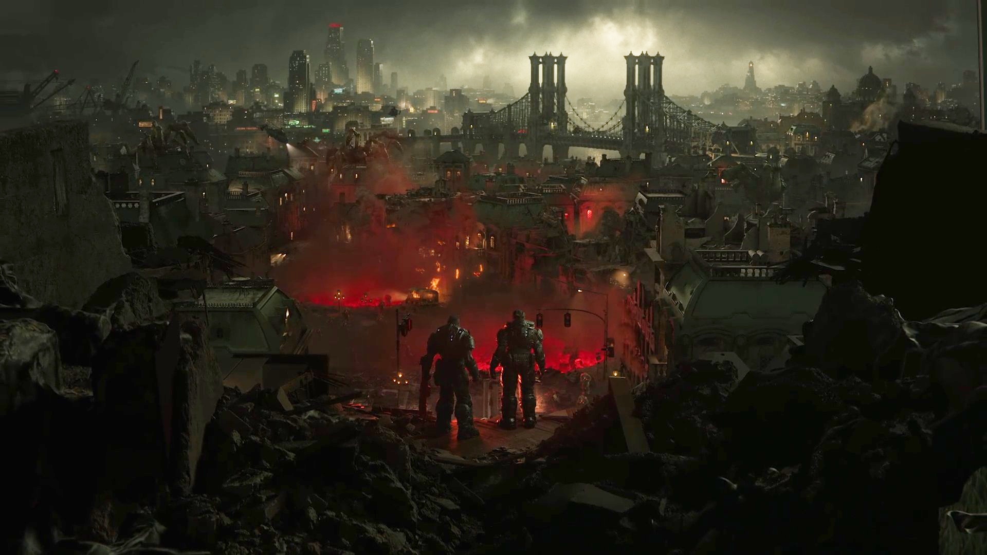 A dramatic battle scene from Gears of War depicting E-Day chaos with soldiers and Locust creatures in a devastated city.