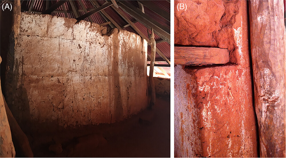 A imagem (A) apresenta uma visão geral da parede do túmulo, enquanto a imagem (B) destaca um detalhe da parede vermelha sustentada por uma viga de madeira. (Fonte: Philippe Charlier/ Divulgação)