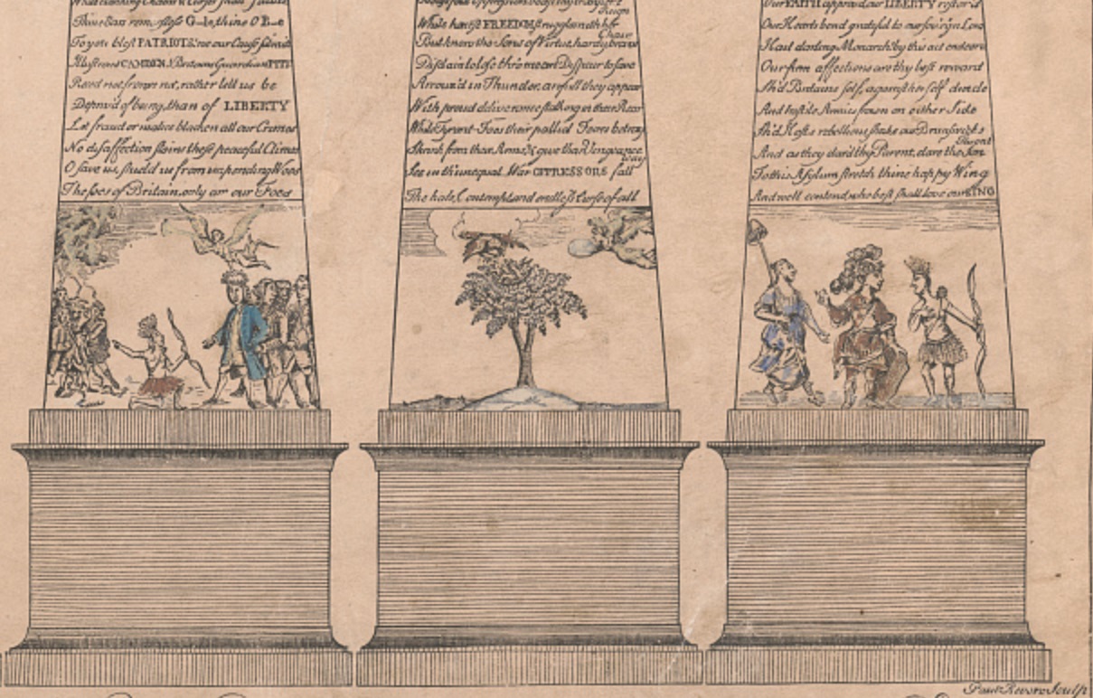A liberdade (à direita, de azul) com o barrete frígio como se fosse uma bandeira. (Fonte da imagem: Library of Congress) 