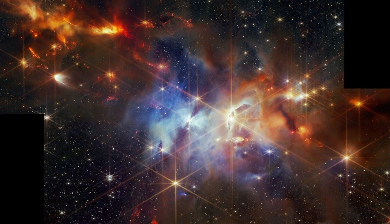 É possível visualizar os jatos bipolares no canto superior esquerdo da imagem, localizada na Nebulosa da Serpente.