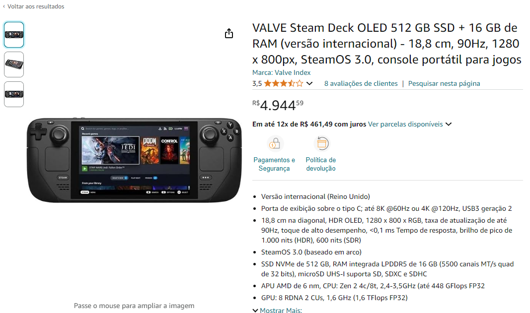 Valve Steam Deck OLED vendido na Amazon