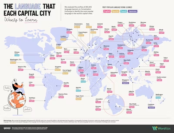 Mapa com a língua que cada capital quer aprender. (Fonte: Word Tips/Reprodução)