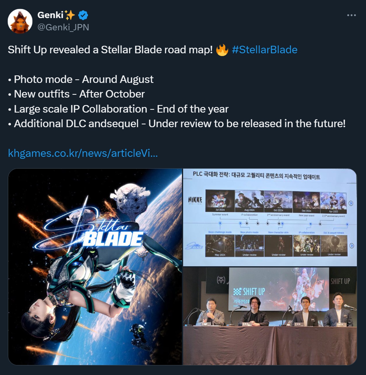 Roadmap de Stellar Blade traduzido pelo perfil Genki_ JPN no X (antigo Twitter).