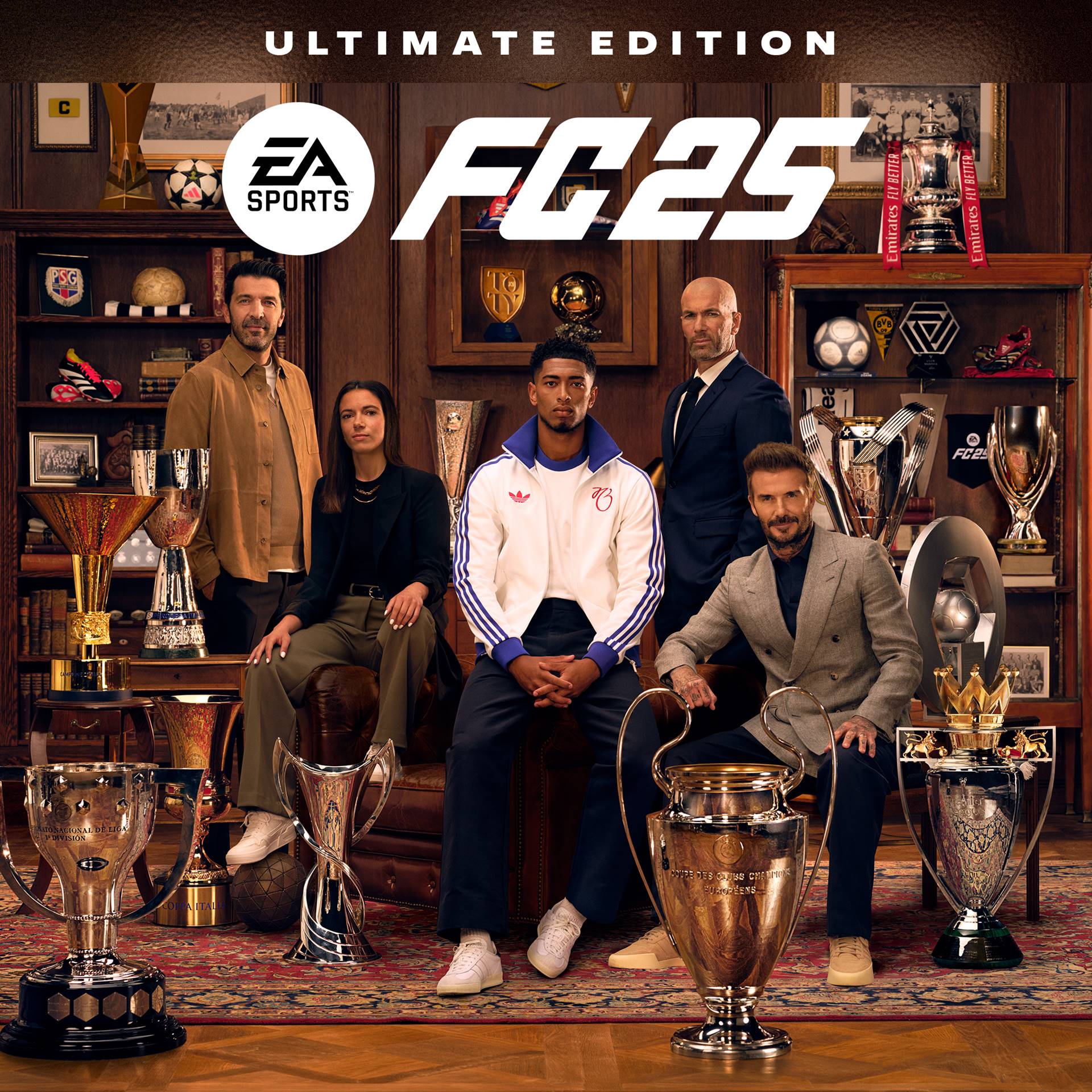 Capa da Ultimate Edition do EA Sports FC 25 com Jude Bellingham, Zinédine Zidane, Aitana Bonmatí, David Beckham e Gianluigi Buffon.